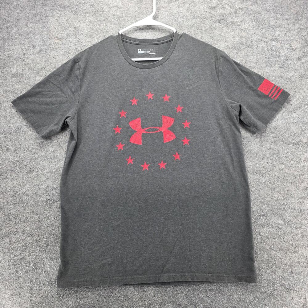 Under Armour Shirt Mens Large Gray Short Sleeve HeatGear Logo Stars Flag Tee